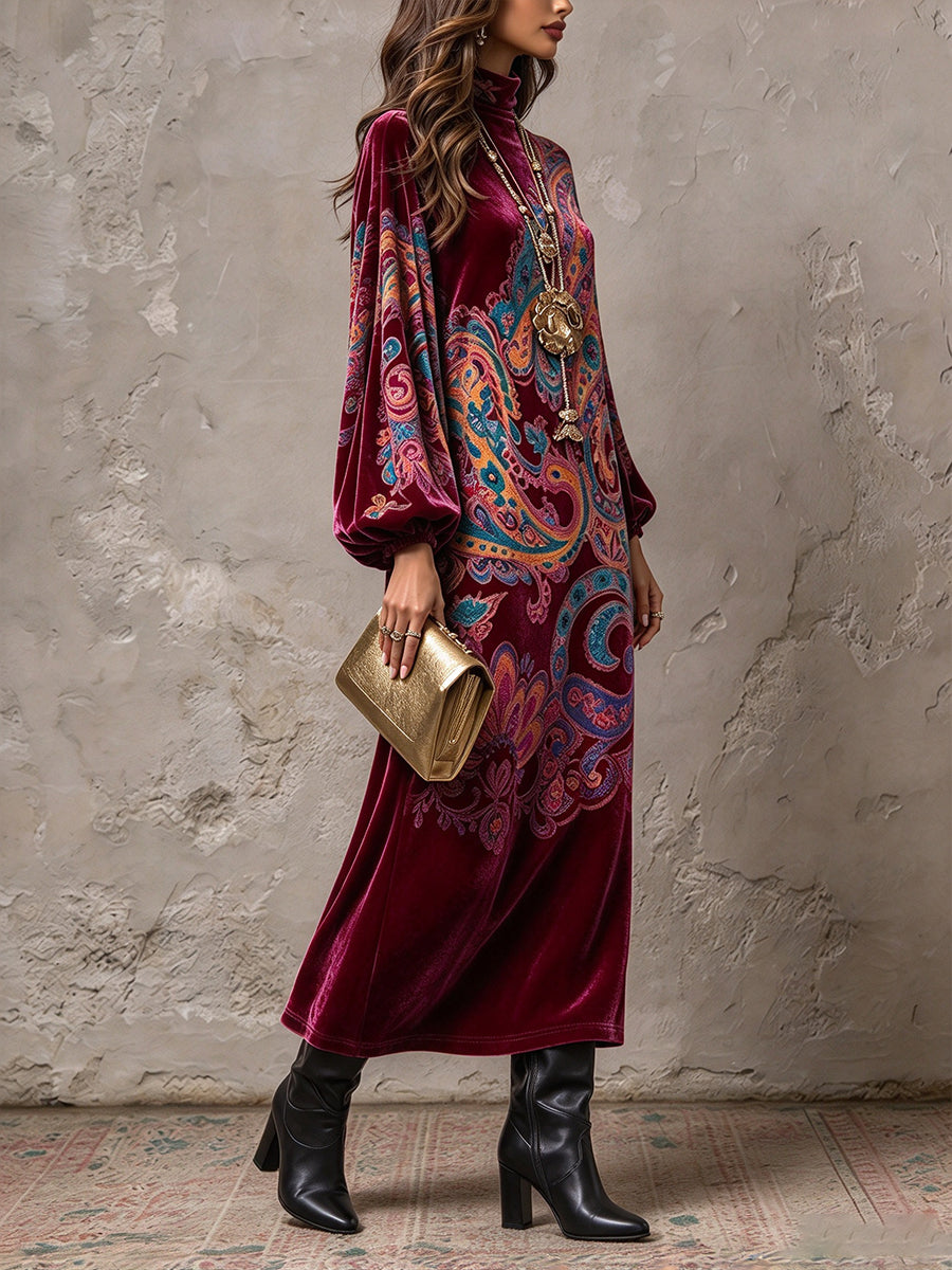 Vintage-style Paisley Print Velvet Midi Dress