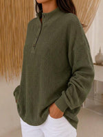 Women's Solid Color Stand-collar Long-sleeve Casual Loose Waffle-knit Pullover