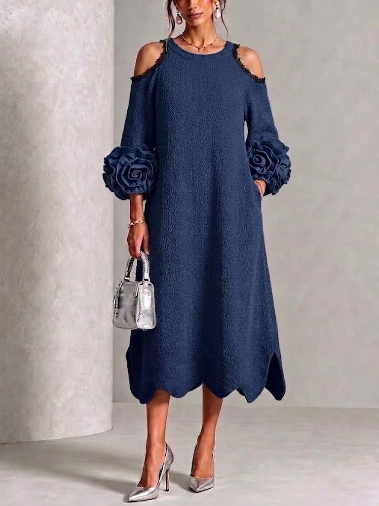 Off-shoulder Knit Dress With 3d Floral Details