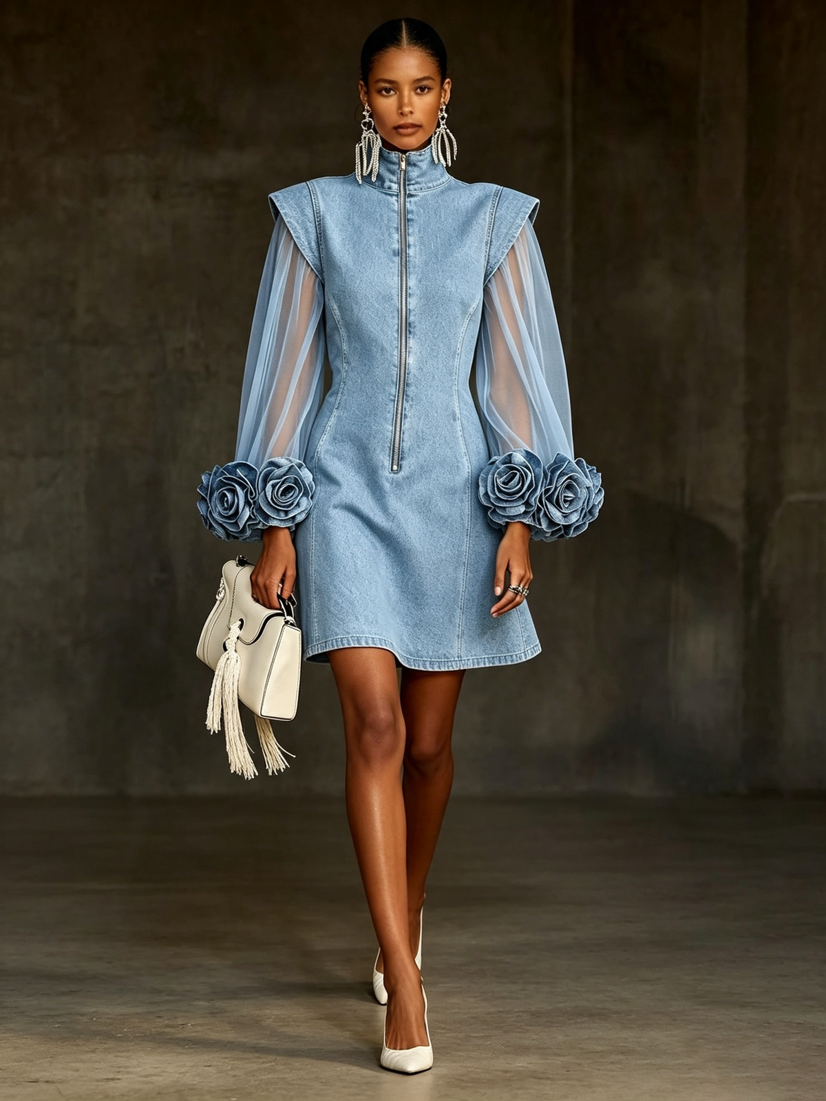 Romantic 3d Floral Denim Mesh Sleeve Zip-up Dress
