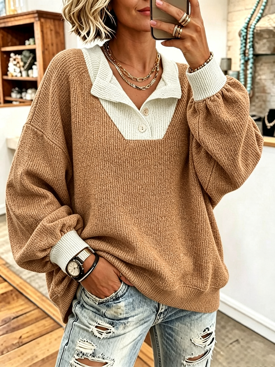 Cozy Contrast Polo Collar Sweater