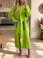 Bohemian-style Long Knitted Dress With Colorful Cord Tassels And A Round Neckline