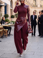 Bold Burgundy Mock Neck Leather Patchwork Knit Top
