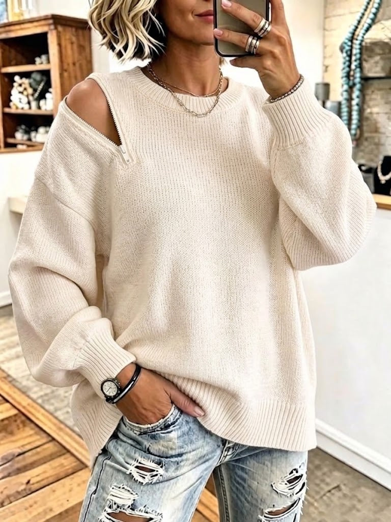 Loose-fit, Off-the-shoulder Knit Sweater With A Side Zipper