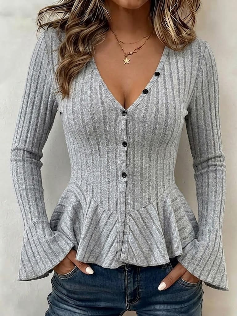 Long-sleeve, Ribbed V-neck Top With Buttons, A Cinched Waist, And A Ruffled Hem