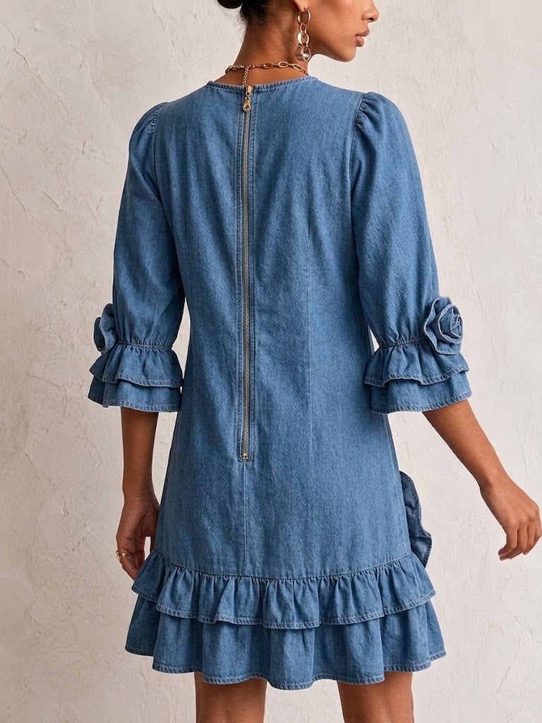 Elegant Ruffled Denim Dress