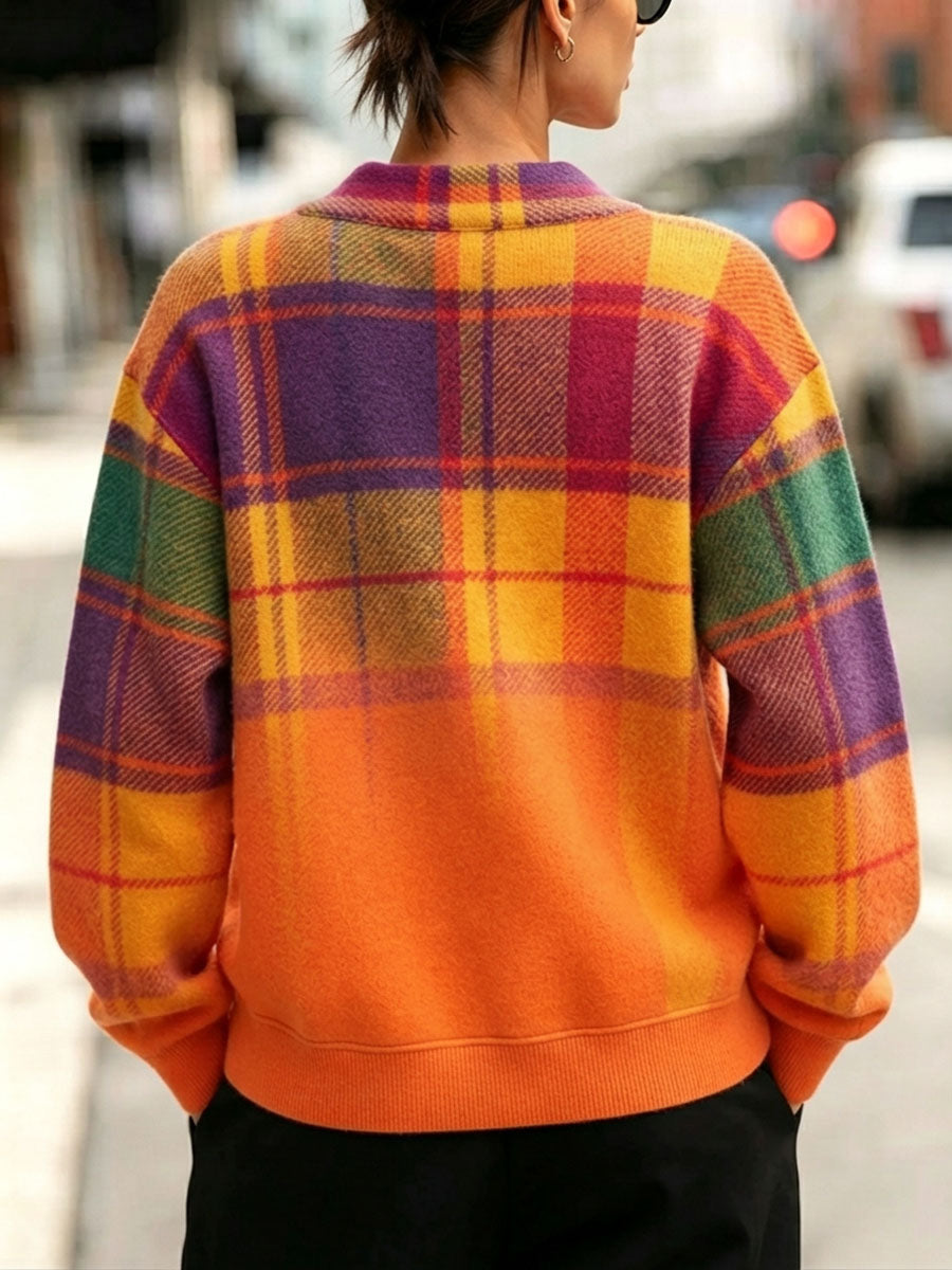 Cozy Artistic Gradient Plaid Print Sweatshirt