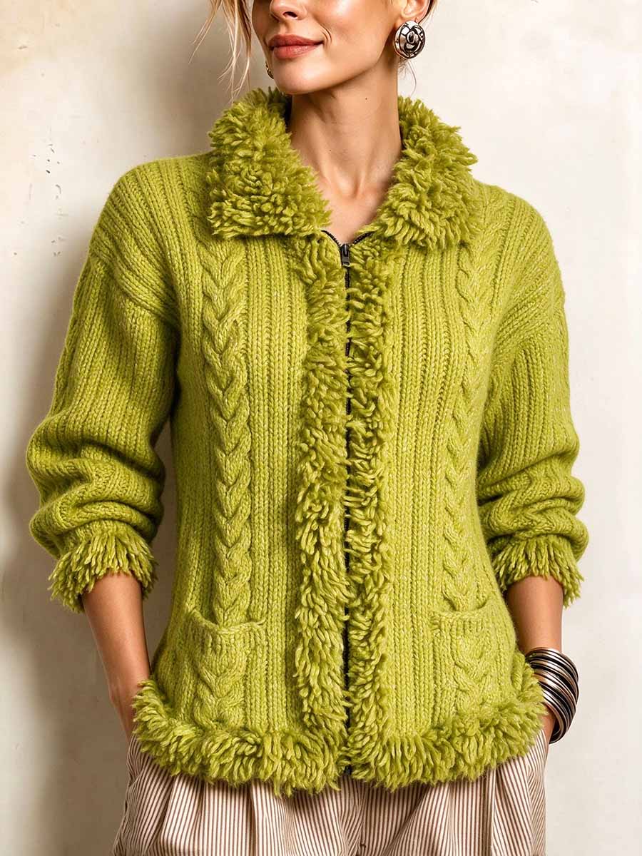 Women's Green Cable Knit Zip-up Cardigan With Fuzzy Trim