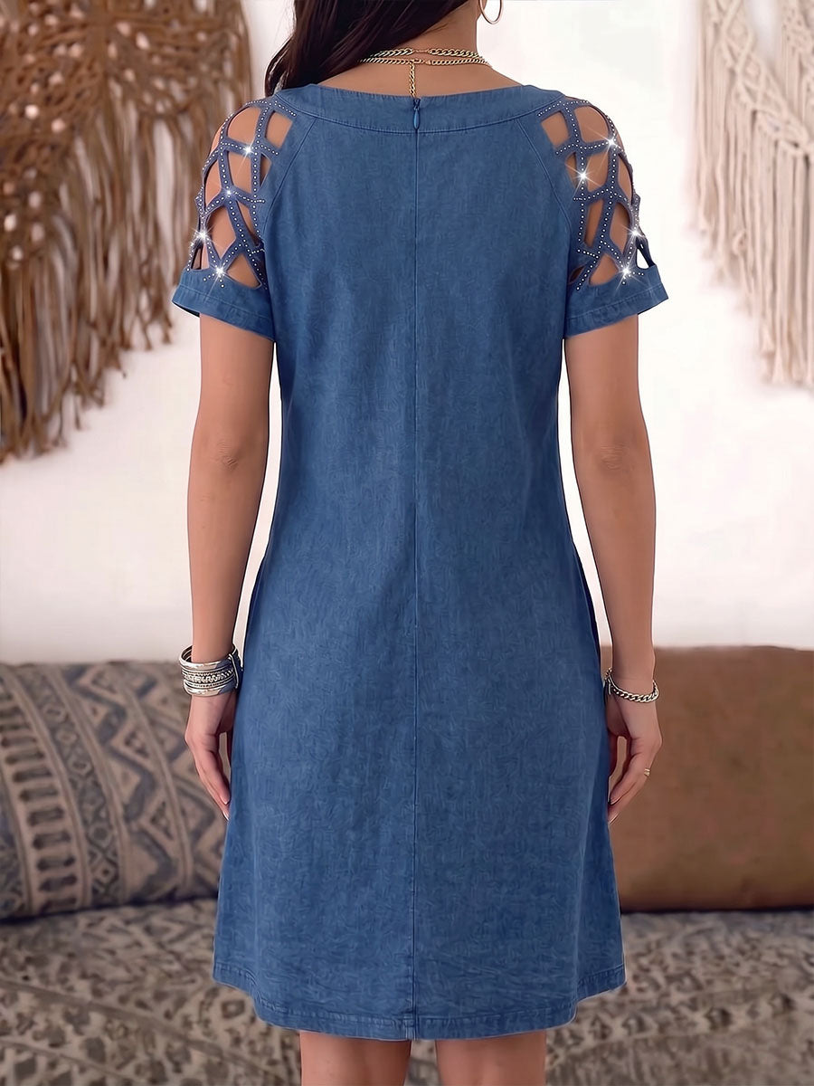 Women's V-neck Hollowed-out Short-sleeved Casual Loose Denim Dress