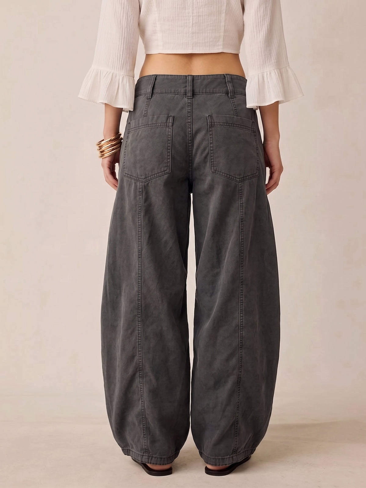 Casual Charcoal Black High-Waist Washed Cotton Wide-Leg Pants
