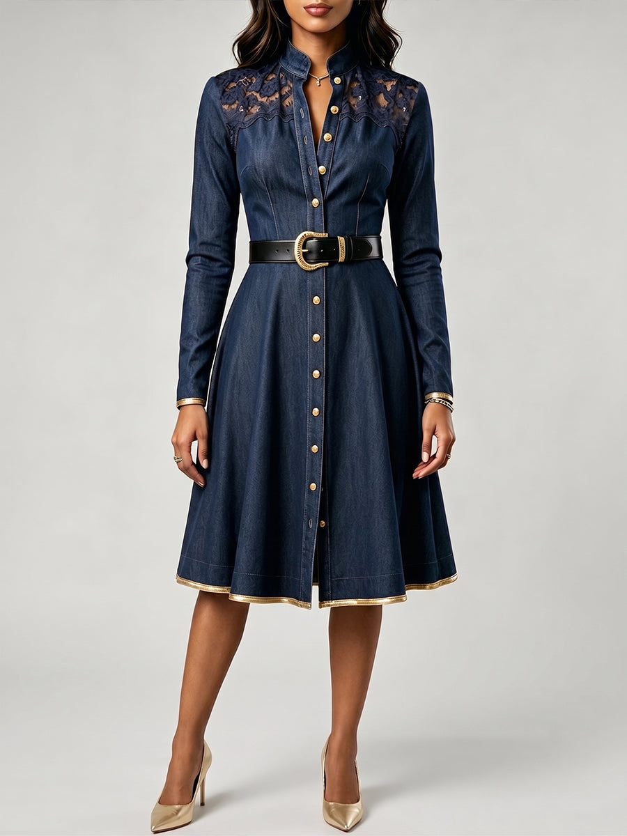 Elegant And Refined Patchwork Denim Dress With Lace And Button Details.