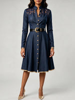 Elegant And Refined Patchwork Denim Dress With Lace And Button Details.