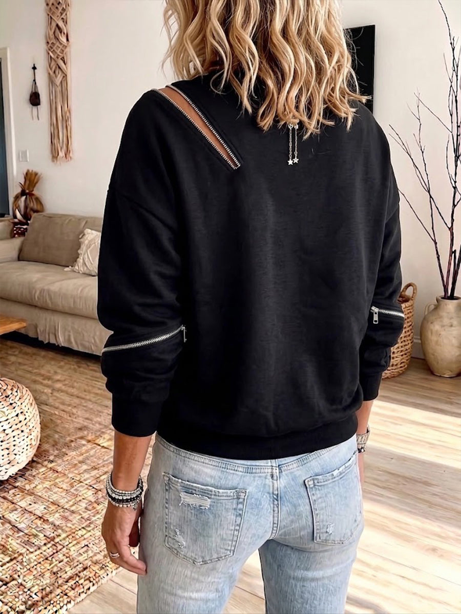 Oversized Casual Sweatshirt Featuring A Diagonal Zipper And Cut-out Details.