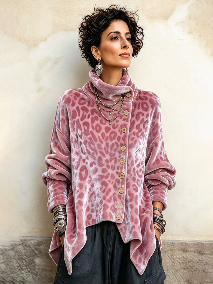 Chic Cozy Pink Leopard Print Velvet Top