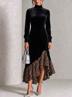 Casual And Comfortable Loose-fitting Long-sleeve Dress With Leopard Print Panels