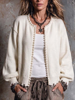 Women's Solid Color Round Neck Long Sleeve Beaded Casual Loose Knit Cardigan