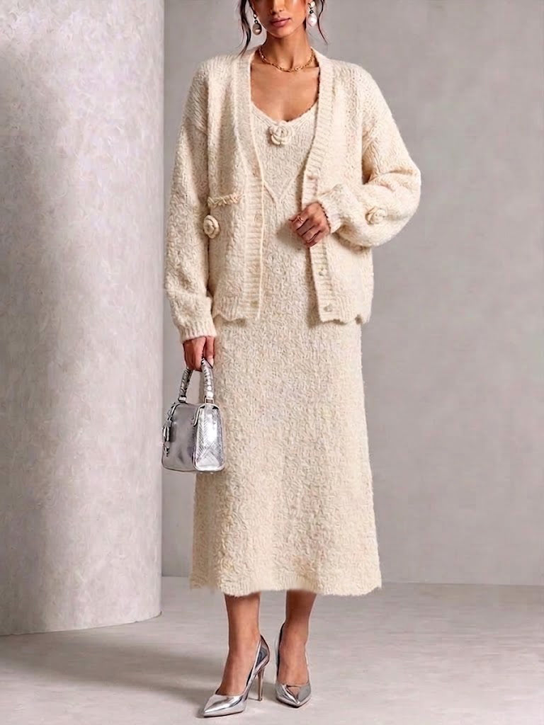 3d Floral Knit Cardigan & Cami Midi Dress Two‑piece Set