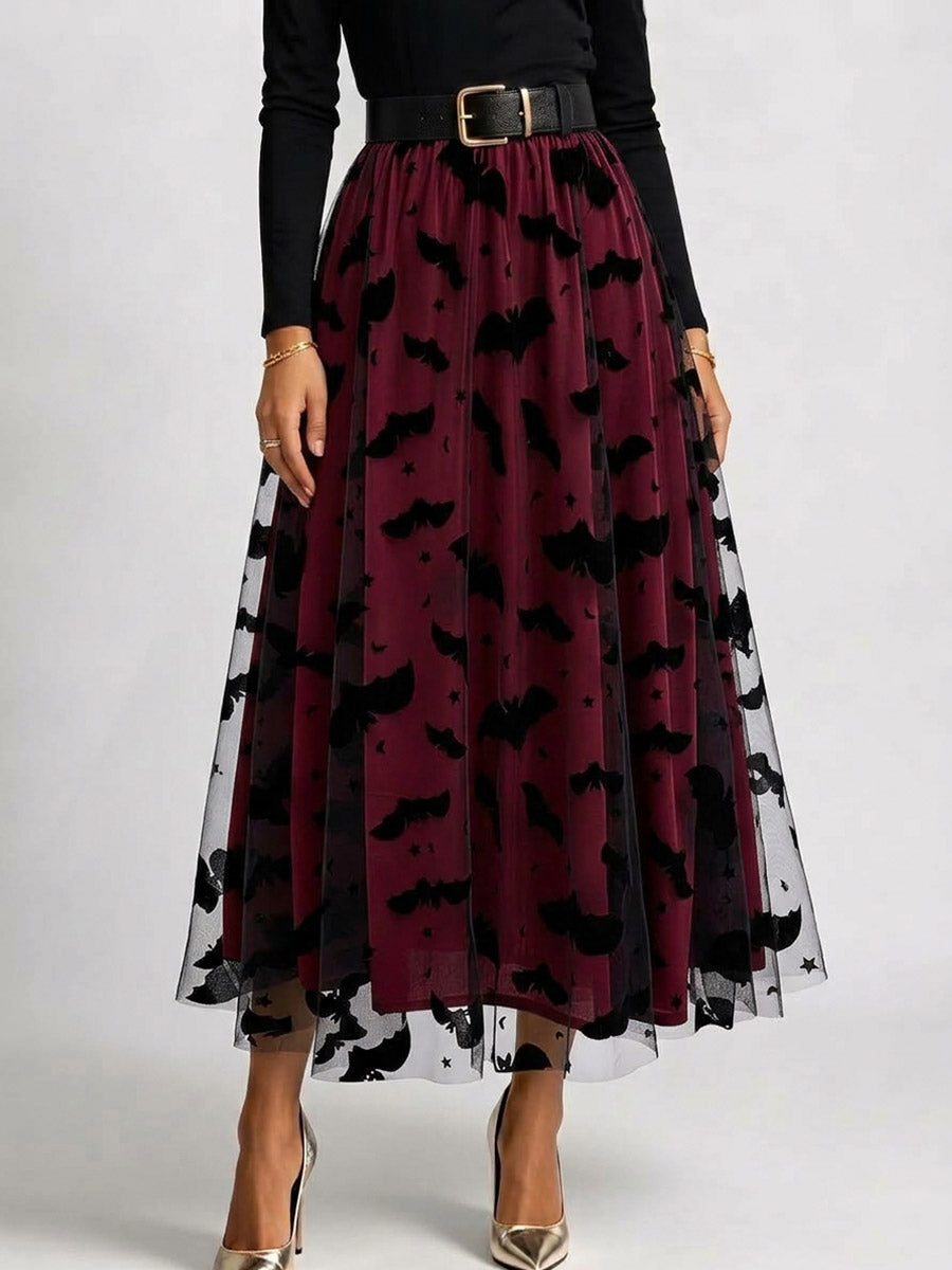 Polyester Women's High-waisted Casual Loose Halloween-themed Flocked Print Mesh A-line Skirt