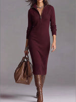 Women's Solid Color Stand Collar Long Sleeve Casual Slim Fit Bodycon Knit Dress