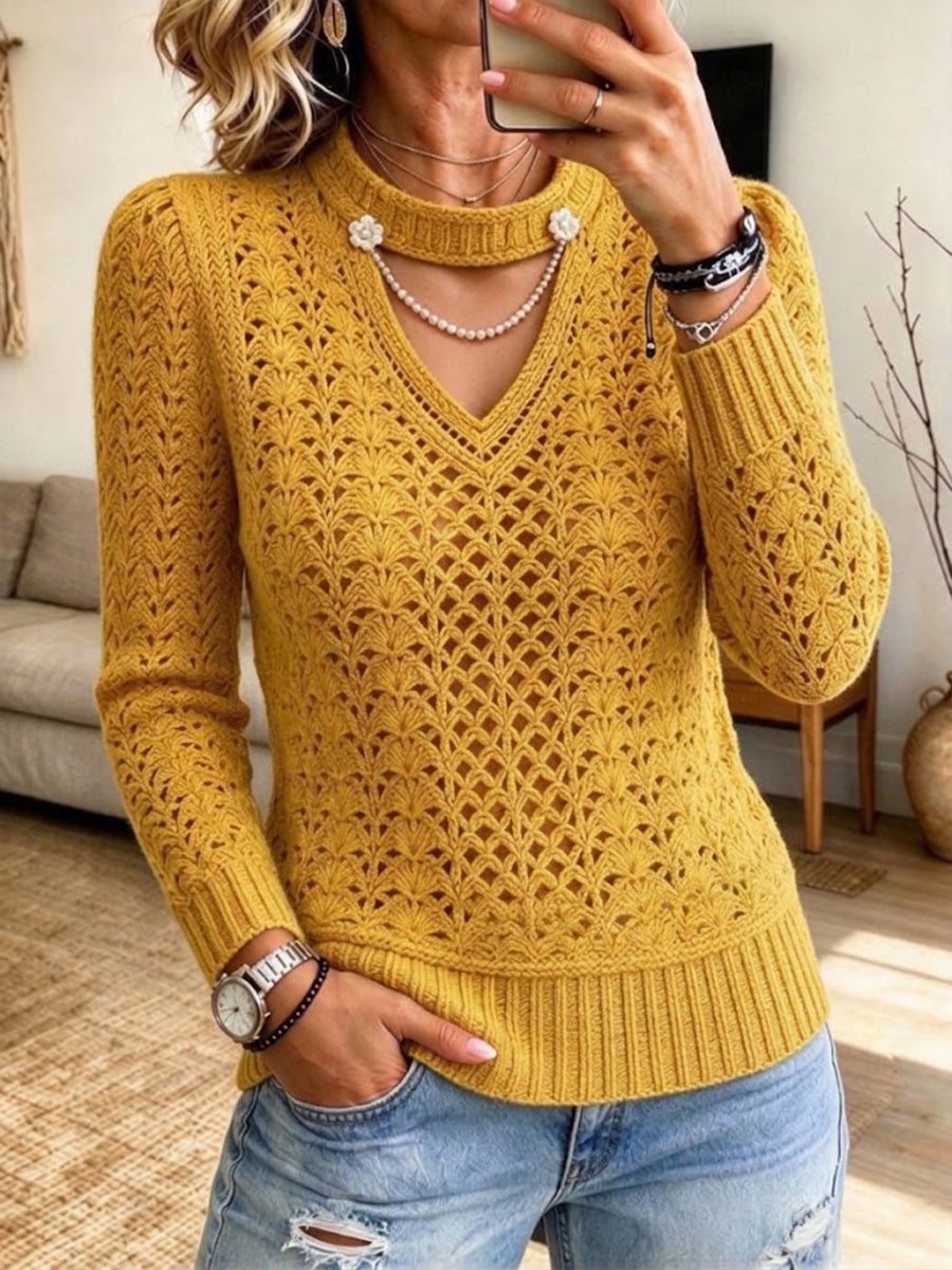 Chic Cutout Knit Top With Floral And Pearl Chain Embellishments