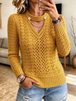 Chic Cutout Knit Top With Floral And Pearl Chain Embellishments