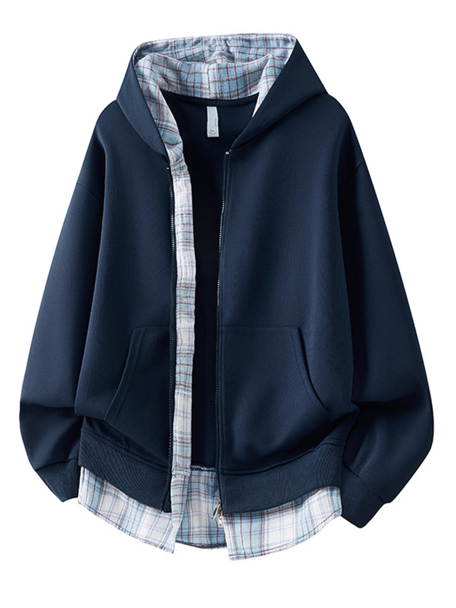 Casual Plaid-panel Full-zip Hoodie