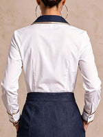 Women's Collared Long-sleeved Denim Patchwork Casual Loose Pullover Shirt