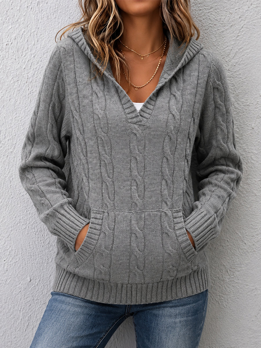 Casual Cable-knit V-neck Sweater With Hood