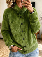 Cozy Bright Green Plush Knit Cardigan With A Stand-up Collar