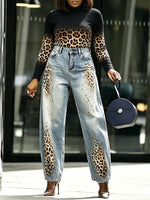Casual Leopard-print Washed Jeans