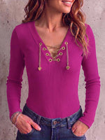 Women's Solid Color V-neck Long Sleeve Casual Loose Knitted Pullover