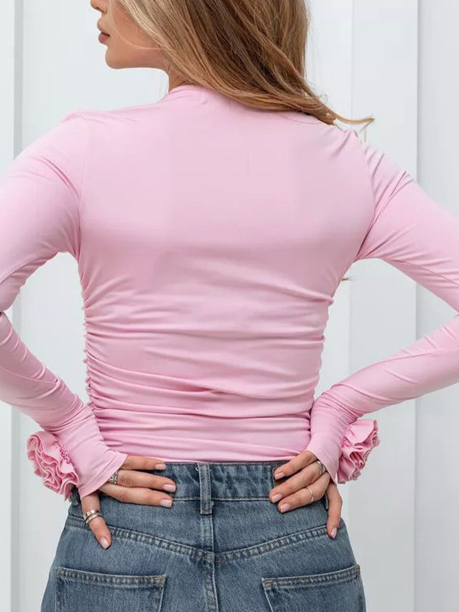 Slim-fit Stretch Knit Top Featuring 3d Floral Embellishments On The Cuffs