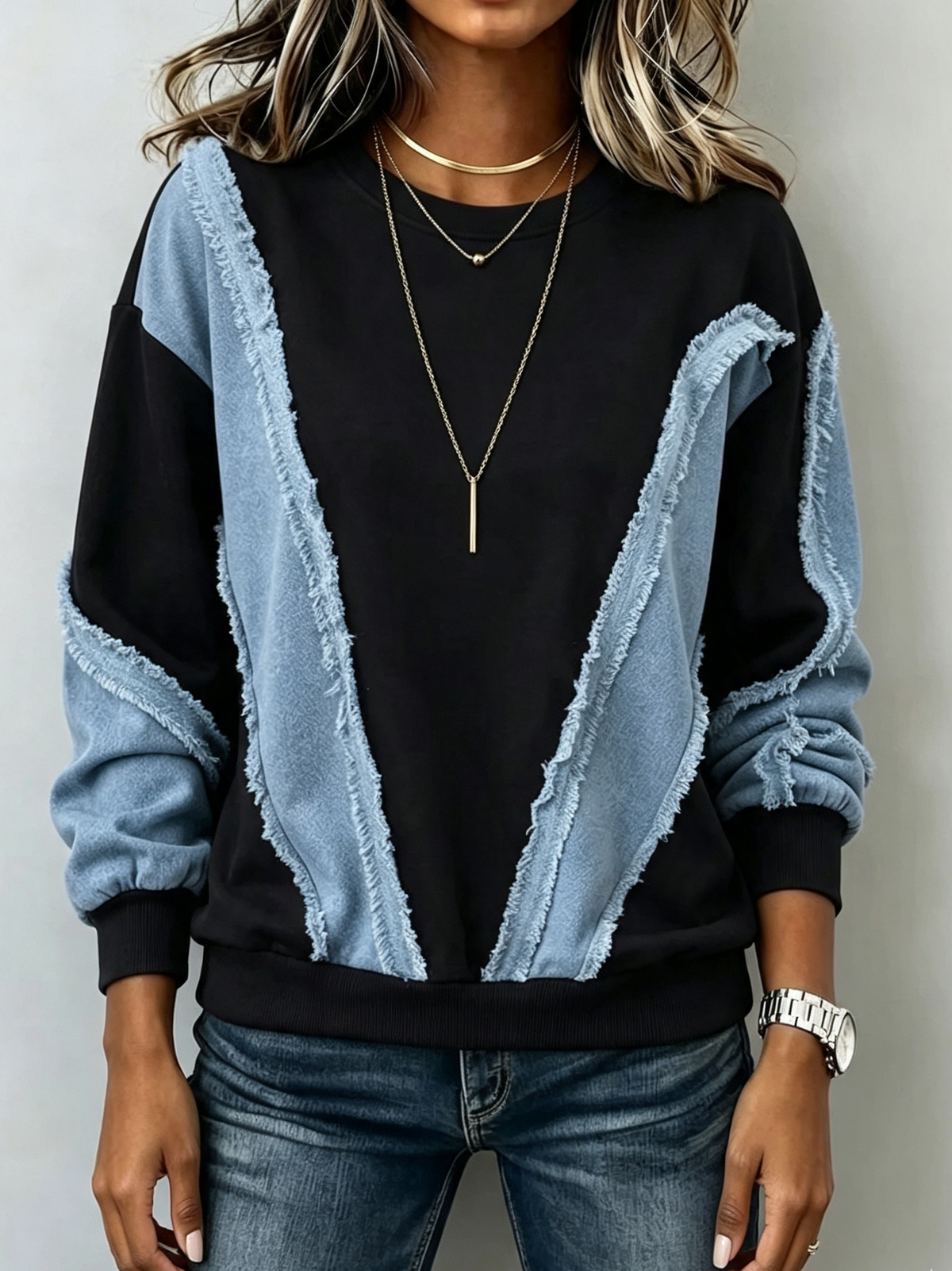 Chic Colorblock Sweatshirt With Raw-edge Denim Paneling
