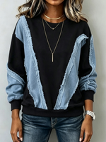Chic Colorblock Sweatshirt With Raw-edge Denim Paneling
