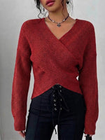 Solid-color Off-shoulder Knit Top With A Crossover V-neck