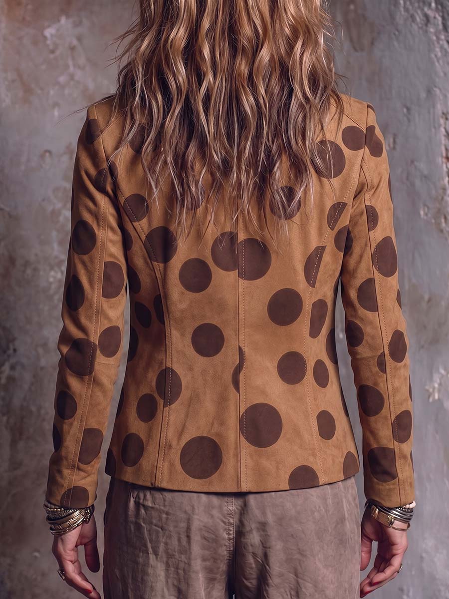Women's Polka Dot Print Stand Collar Long-sleeved Casual Loose Faux Suede Jacket