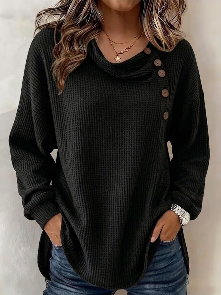 Women's Solid Color Waffle-knit Long-sleeve Button-down Casual Shirt / Comfortable Top