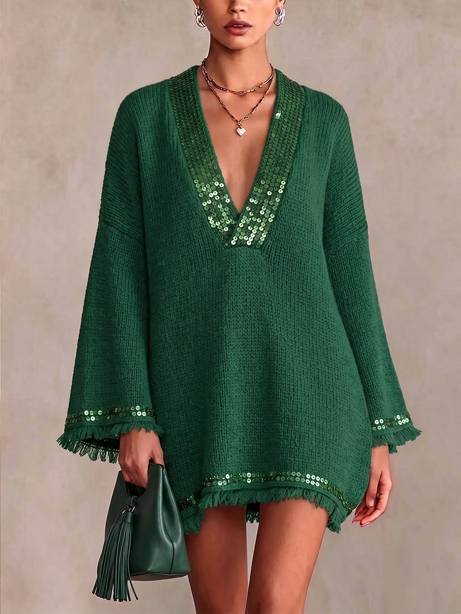 Glittering Sequin Trimmed Knit Mini Dress