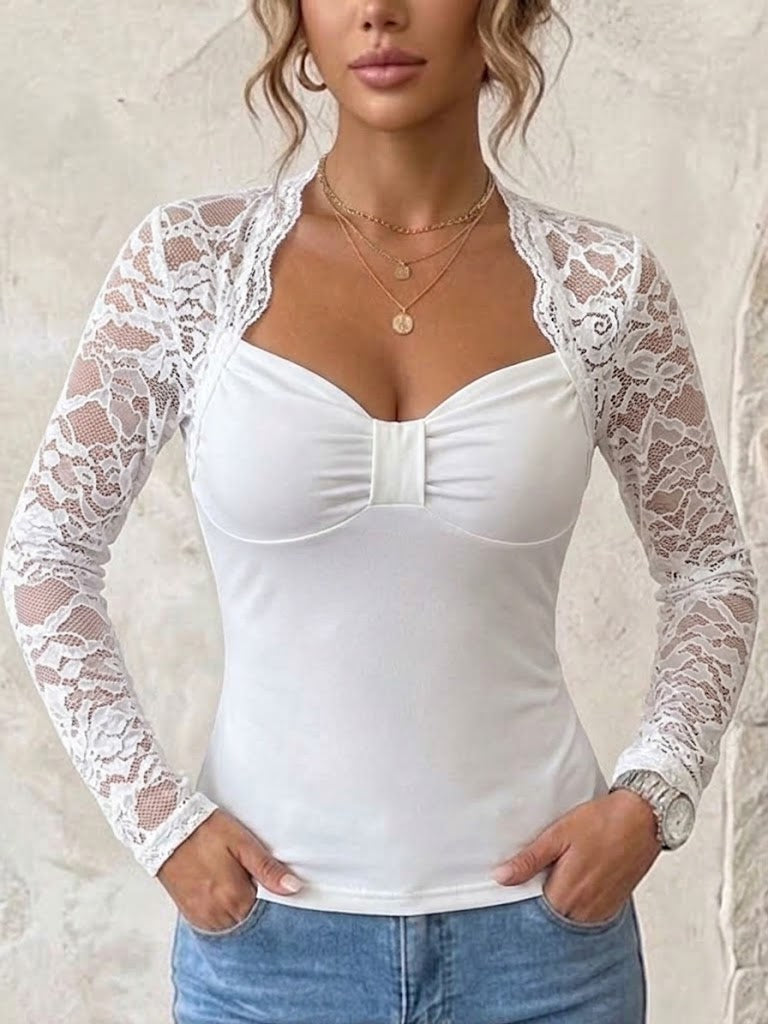 Slim-fit Long-sleeve Top With Lace Splicing And A Sweetheart Neckline