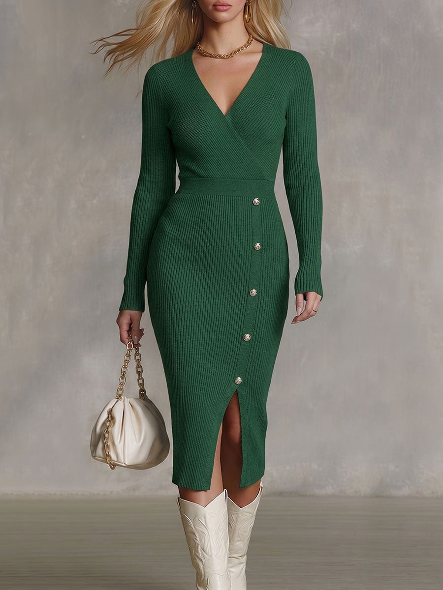 Women's Solid Color V-neck Long Sleeve Casual Loose Slit Knit Dress