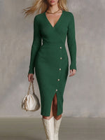 Women's Solid Color V-neck Long Sleeve Casual Loose Slit Knit Dress