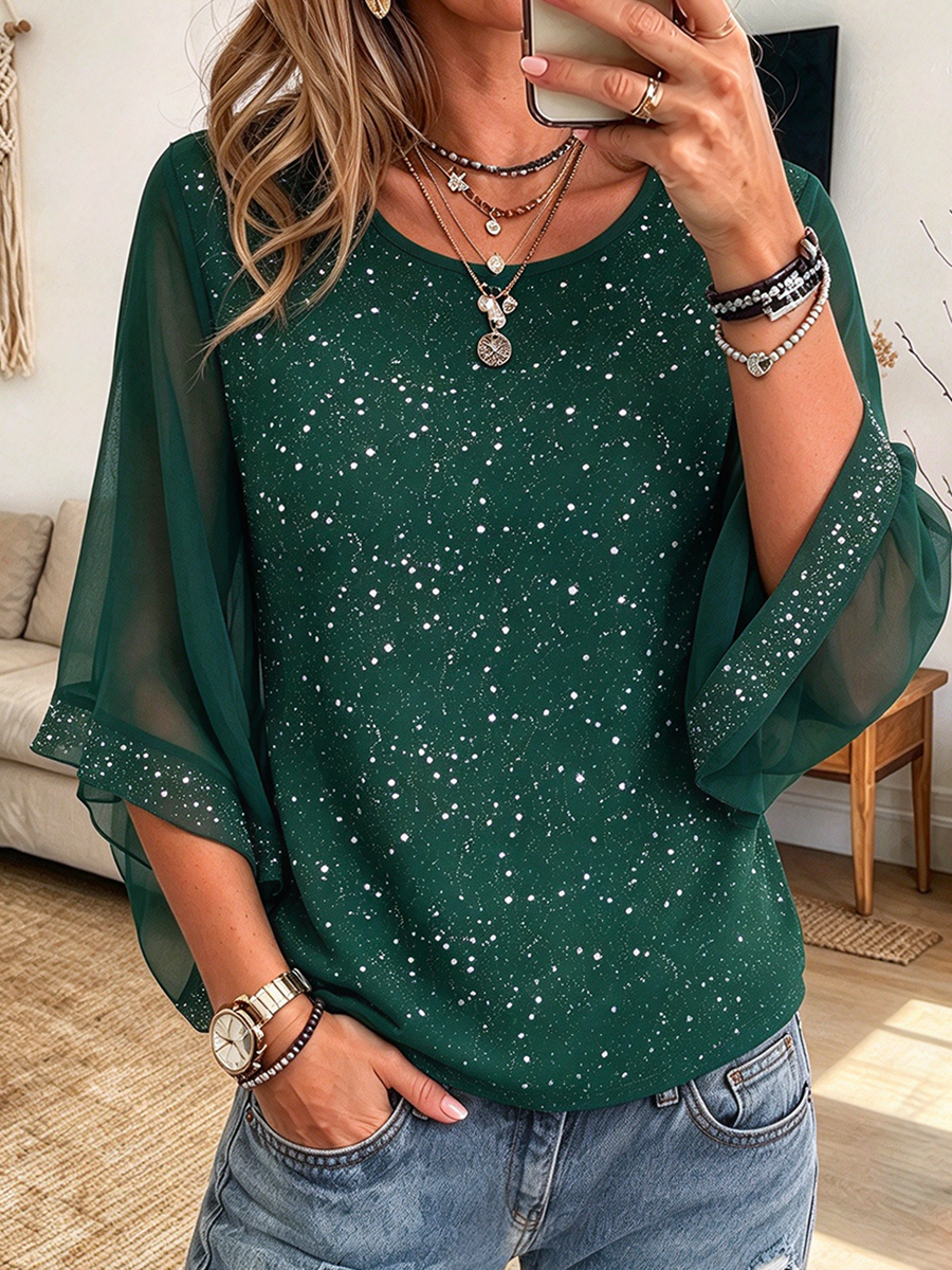 Casual Sparkly Green Chiffon Splice Blouse
