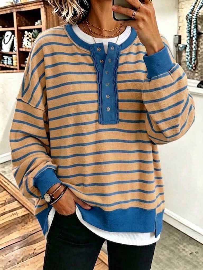 Color-block Loose Casual Long-sleeve Striped Button-up Sweatercolor-block Loose Casual Long-sleeve Striped Button-up Sweatercolor-block Loose Casual Long-sleeve Striped Button-up Sweater