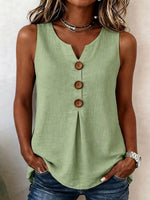 Women's Solid-color V-neck Sleeveless Casual Loose Cotton-linen Top
