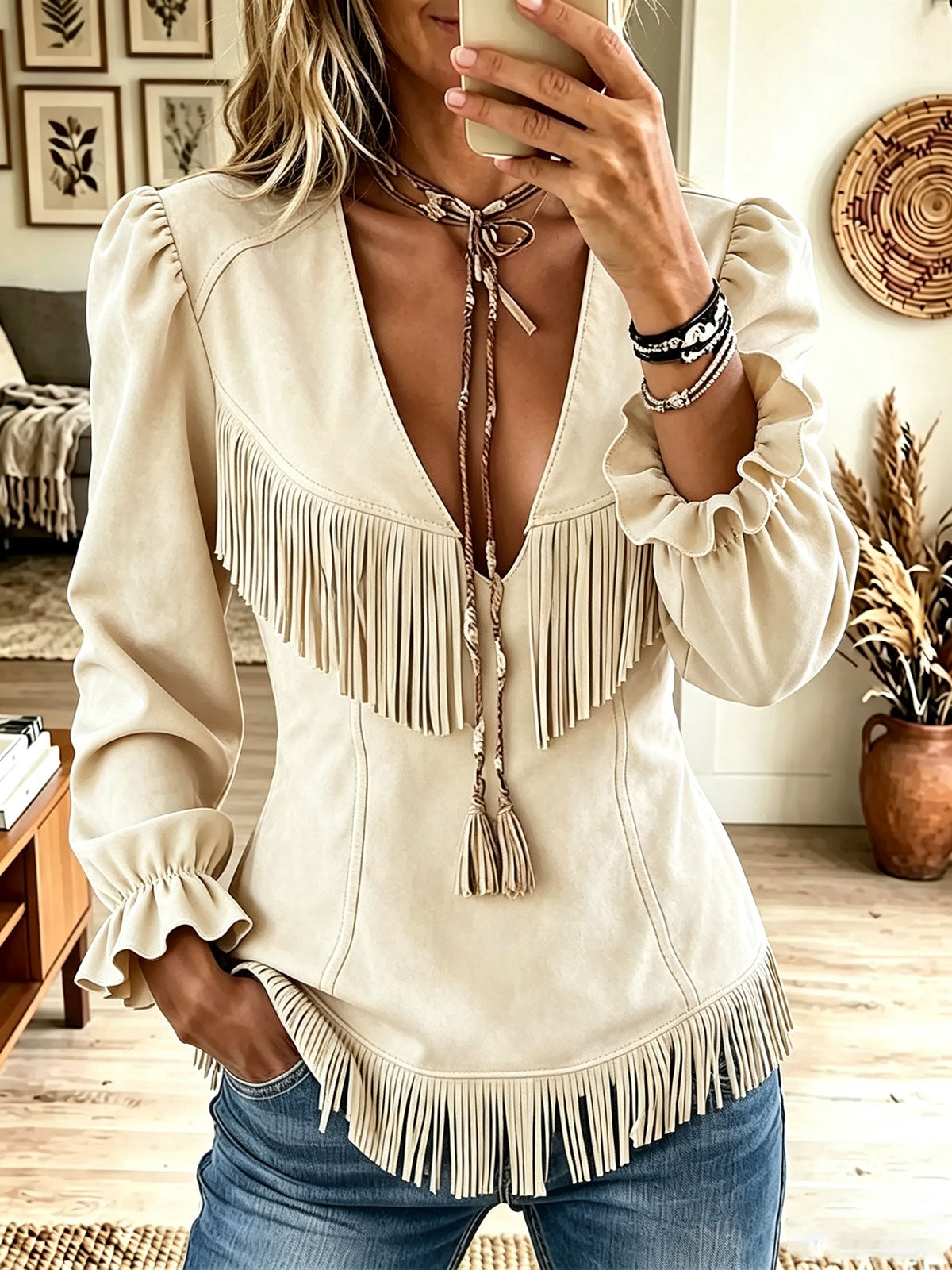 Women's Solid Color V-neck Long-sleeve Loose Casual Tassel Top