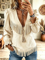 Women's Solid Color V-neck Long-sleeve Loose Casual Tassel Top