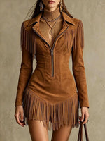 Faux Suede Zip-Up Fringe Western Mini Dress