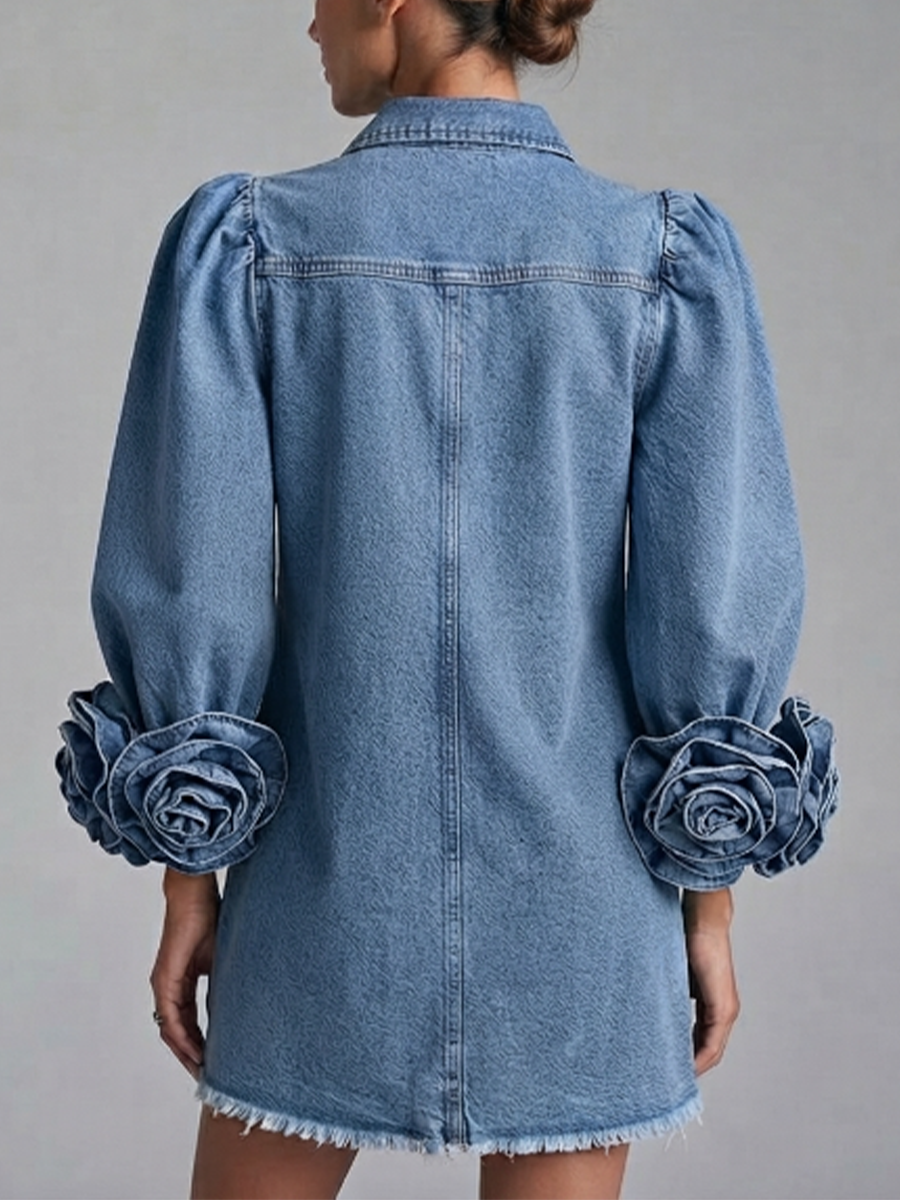 3d Floral‑cuff Raw‑edge Denim‑style Shirt Mini Dress