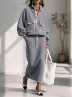 Chic Casual Grey Half-zip Sweatshirt Set With Contrasting Piping