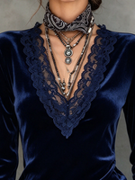 Elegant Lace Trim Velvet Flare Sleeve Top